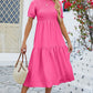 Smocked Round Neck Flounce Sleeve Midi Dress