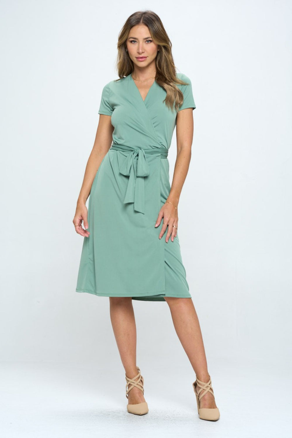 RENEE C Tie Front Surplice Short Sleeve Dress