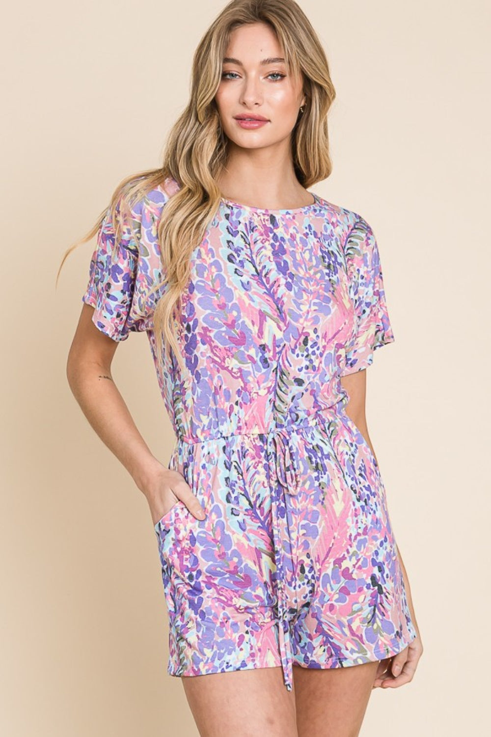 BOMBOM Print Short Sleeve Romper with Pockets