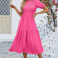 Smocked Round Neck Flounce Sleeve Midi Dress