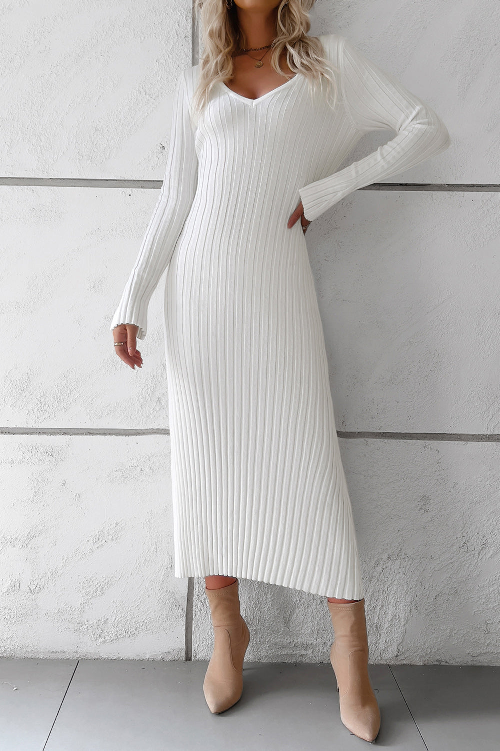 V-Neck Long Sleeve Ribbed Sweater Dress