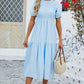 Smocked Round Neck Flounce Sleeve Midi Dress