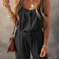 Waffle-Knit Drawstring Wide Strap Jumpsuit