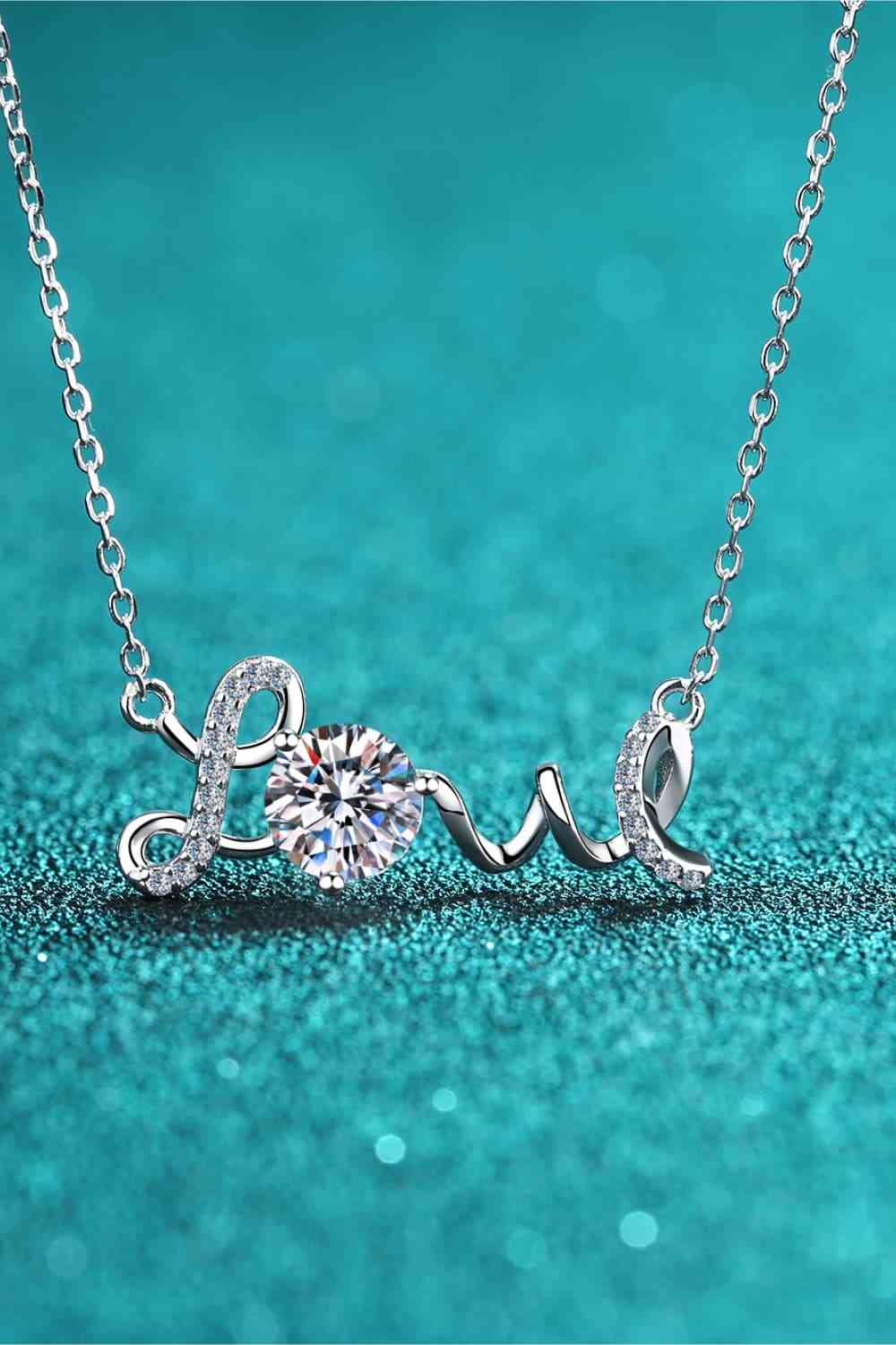 “Love” Necklace with 1 Carat Moissanite Gem, 925 Sterling Silver