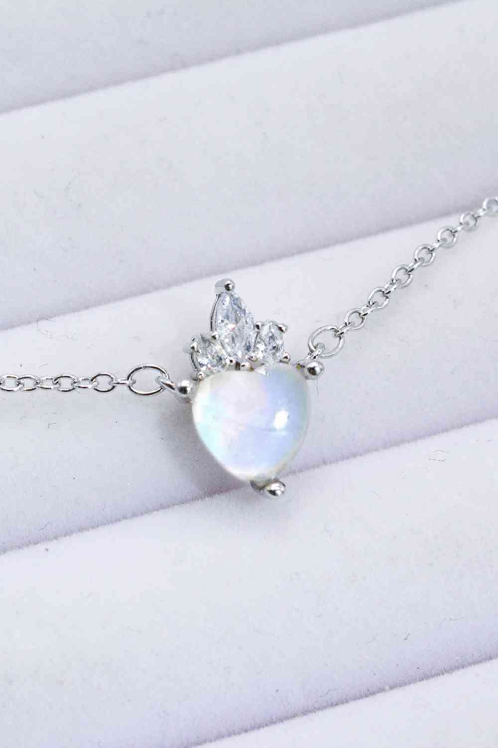 925 Sterling Silver Moonstone Heart Crown Pendant Necklace