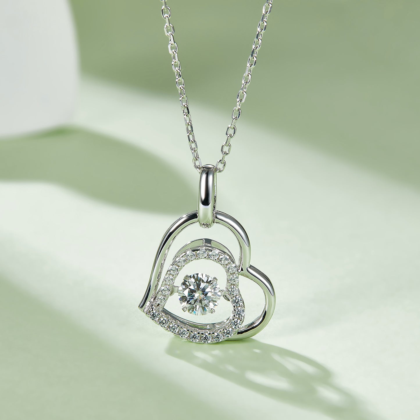 Tilted Double Heart & Moissanite Gem 925 Sterling Silver Necklace