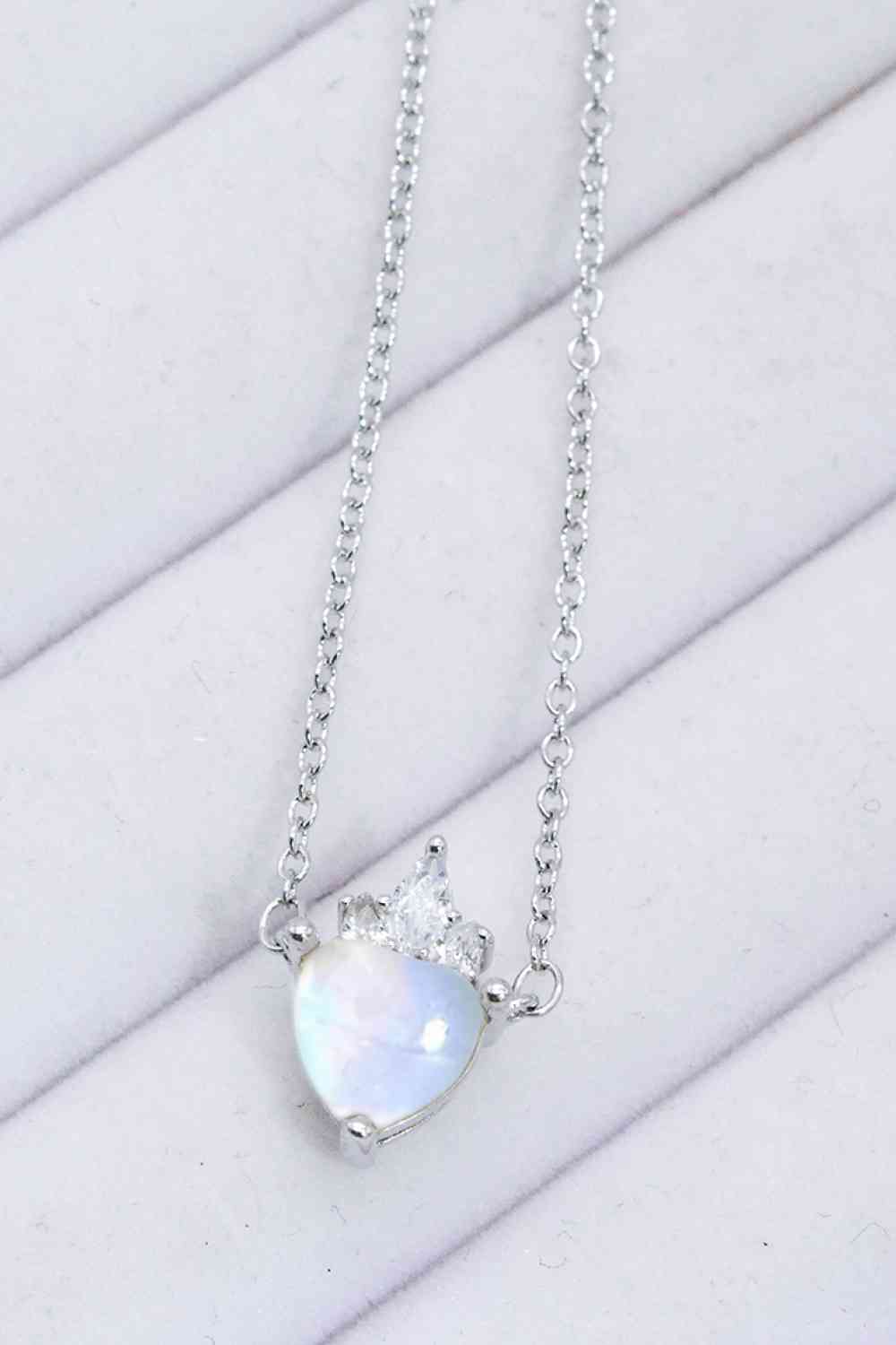 925 Sterling Silver Moonstone Heart Crown Pendant Necklace