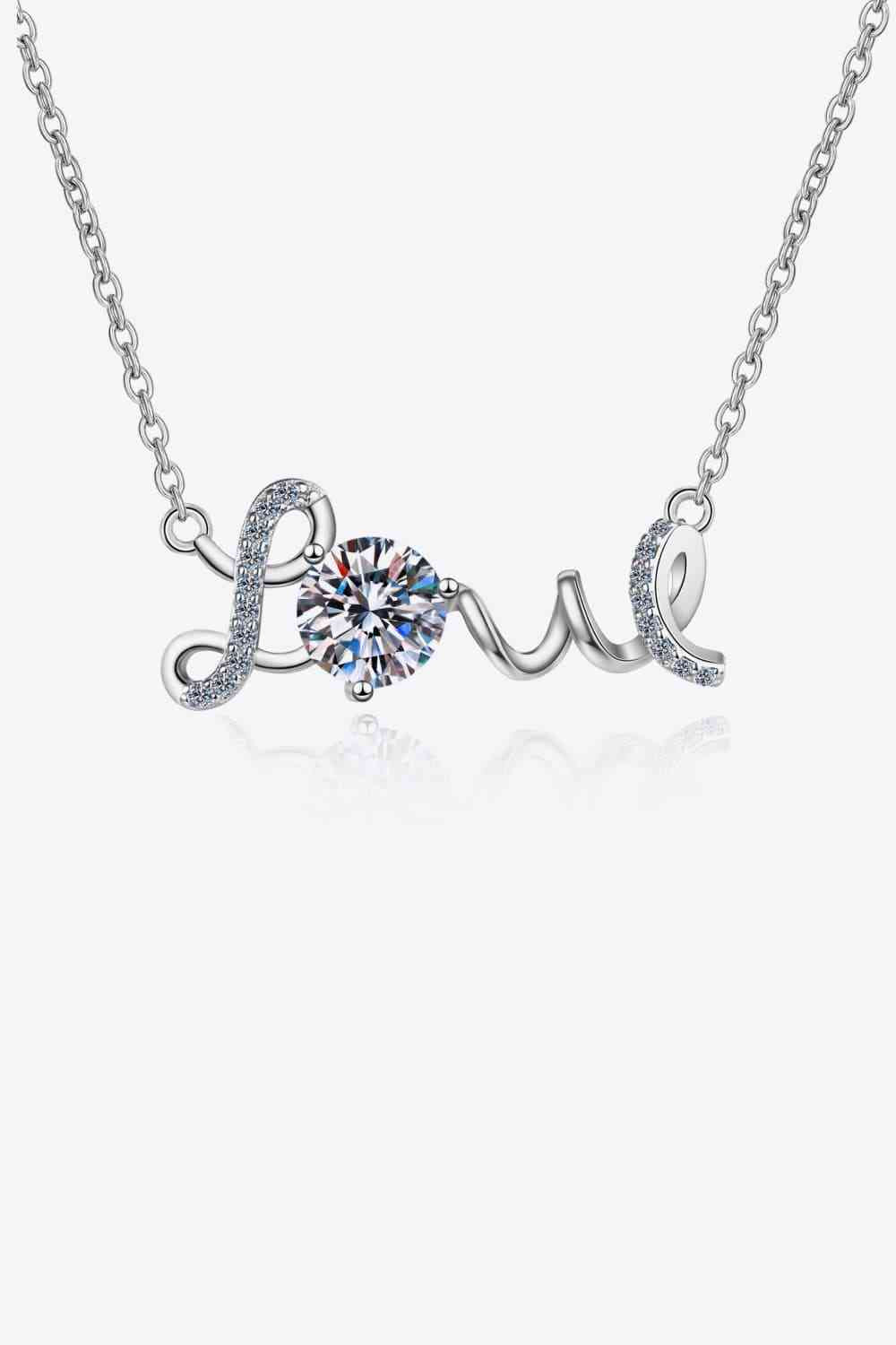 “Love” Necklace with 1 Carat Moissanite Gem, 925 Sterling Silver