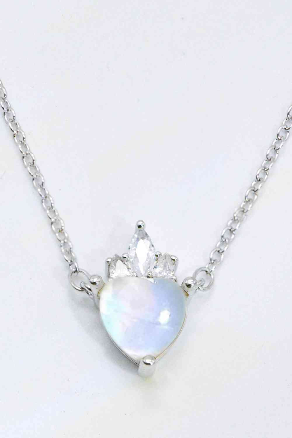 925 Sterling Silver Moonstone Heart Crown Pendant Necklace