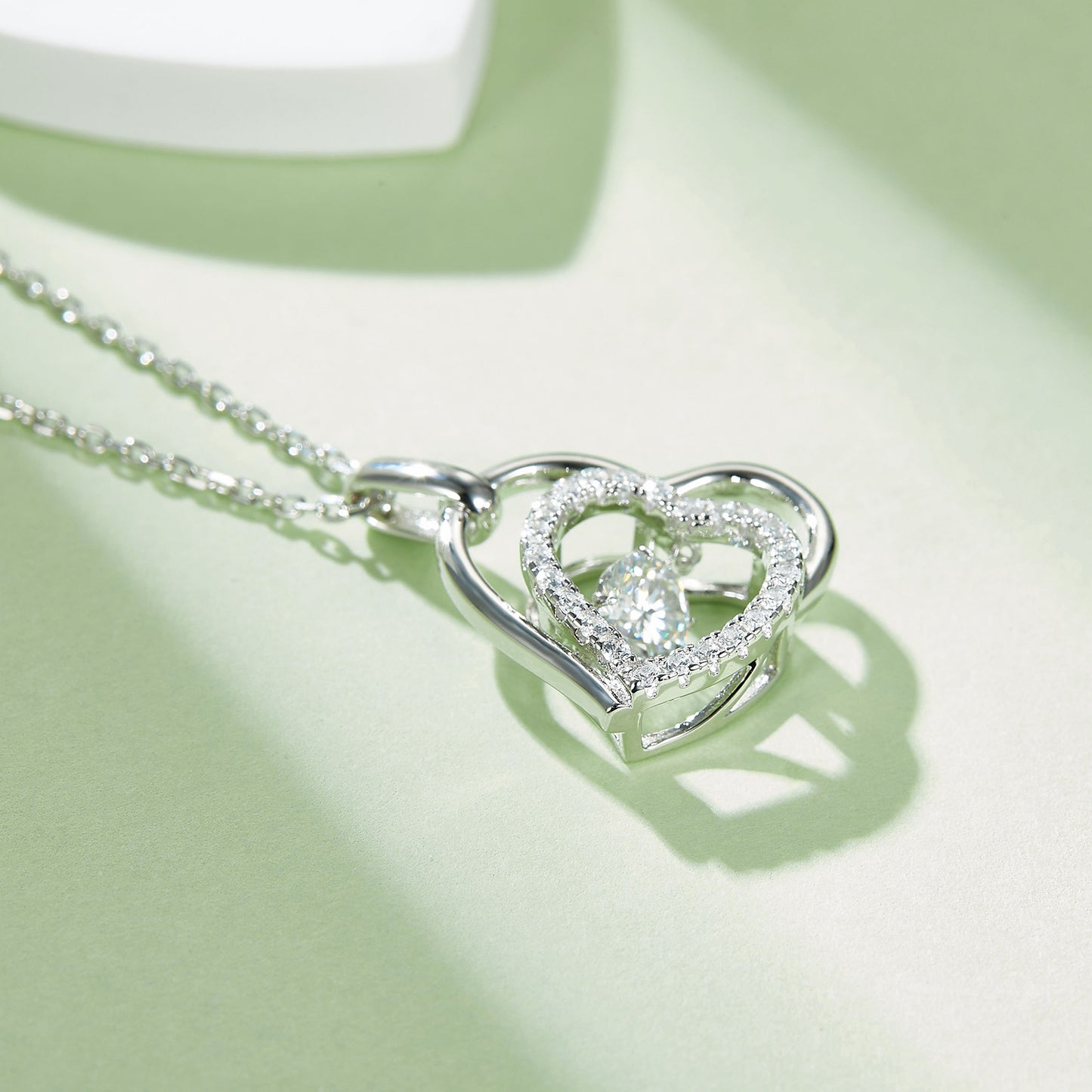 Tilted Double Heart & Moissanite Gem 925 Sterling Silver Necklace
