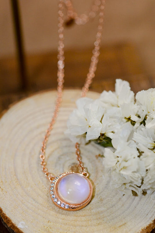 Circle Moonstone Crescent Moon 18K Rose Gold-Plated 925 Sterling Silver Necklace