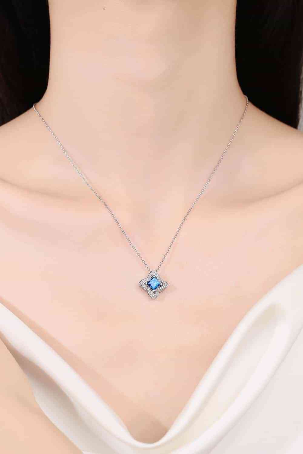 Blue Gem 1 Carat Moissanite Floral Pendant Necklace