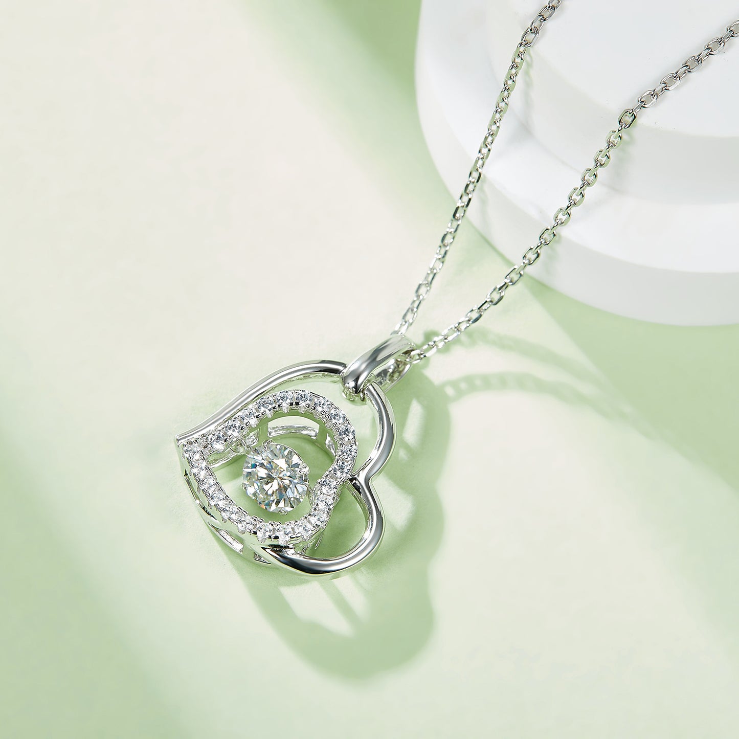 Tilted Double Heart & Moissanite Gem 925 Sterling Silver Necklace